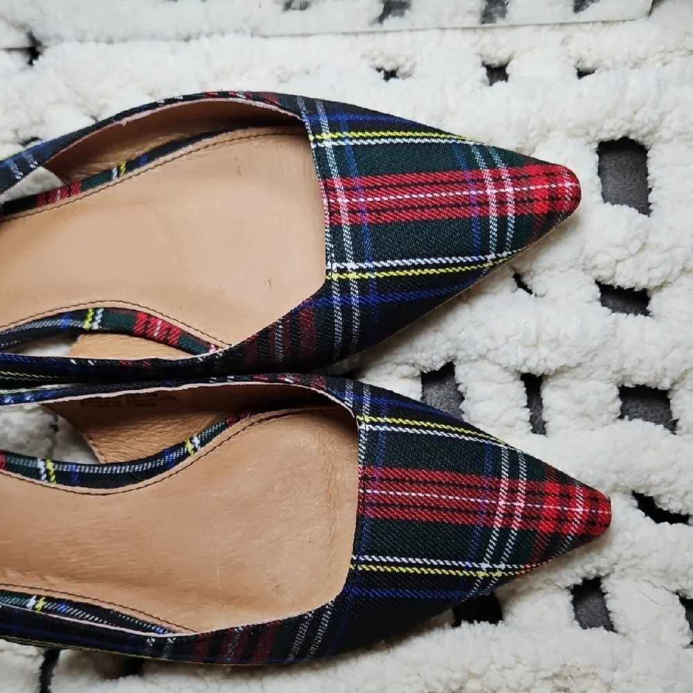 Matiko Lori Point Toe Slingback Flats Green Tartan Plaid New